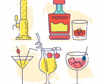 Beverages Icons Colored Flat Classic Handdrawn Sketch