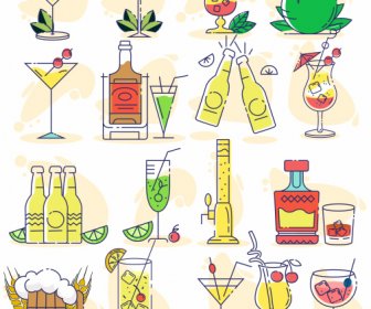 Beverages Icons Colorful Classic Flat Sketch