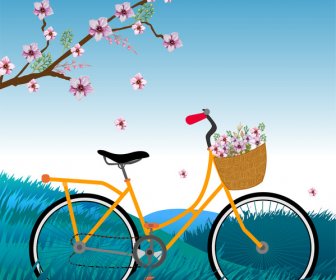 Romatic シーンで桜の花と自転車