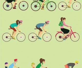 Biciclette E Ciclisti Illustrazione Nel Piatto Colorato Di Vettore