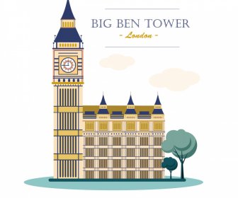 Big Ben Tower Landmark Icon Flat Classical Sketch