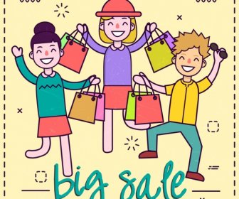 Big Sale Banner Shoppers Icons Colored Cartoon Design