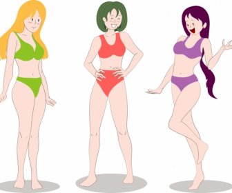 Bikini Girls Icons Colored Cartoon Characters