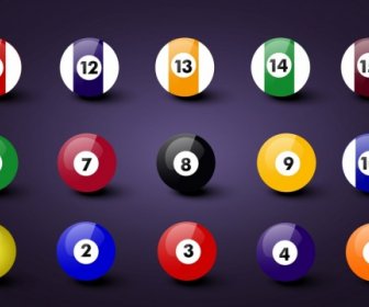 Billiards Balls Icons Shiny Colorful Design Realistic Style