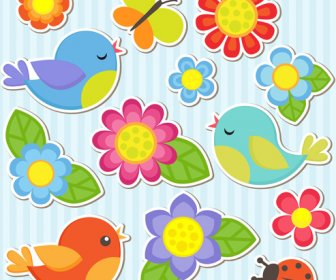 Bird And Butterfly And Ladybug With Flower Sticker Vector