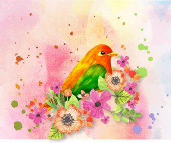 鳥和花水彩畫