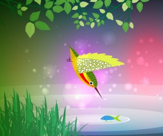 Bird Hunting Fish Theme Colored Decoration Bokeh Background