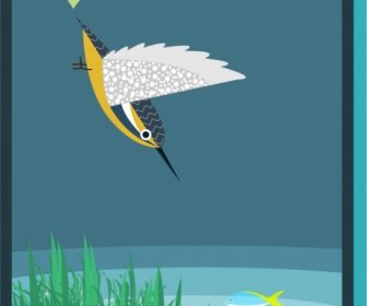 鳥の狩猟魚テーマ カラフルなデザイン スタイル