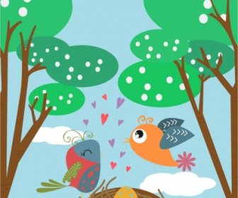 Bird Nest Background Eggs Icons Colored Cartoon Decor