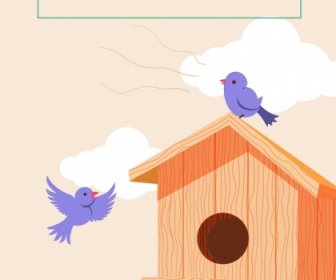 Bird Nest Background Wooden Cottage Icons Cartoon Design