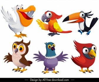 ícones Da Espécie Do Pássaro Projeto Bonito Do Caráter Dos Desenhos Animados