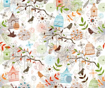 Birdcages And Birds Seamless Pattern Vector