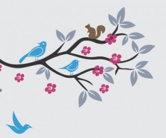 Birds And Squirrel On A Flowers Tree Branch