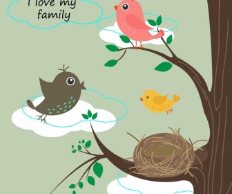 Birds Family Background Illustration With Text In Colors