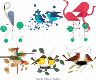 Pássaros Coleção ícones Coloridos Clássicos Design Plano