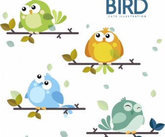 Ptaki Ikony Kolekcji Cute Cartoon Charakter