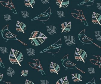 Birds Leaves Pattern Outline Colorful Repeating Style