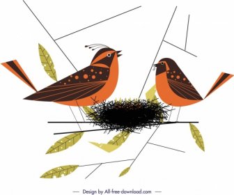 Uccelli Nidificano Pittura Schizzo Colorato Cartone Animato