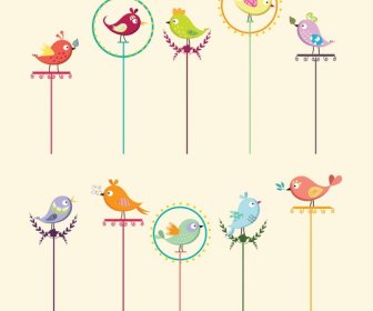 Birds Perching On Pole Collection With Cartoon Style