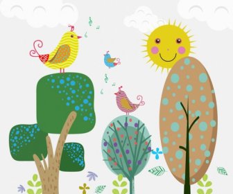 Birds Singing On Tree Theme Cartoon Design Style