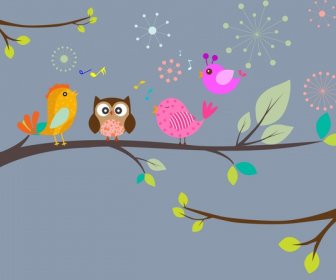 Birds Singing Tree Background With Colored Style Illustration