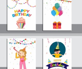 Icone Di Compleanno Sfondo Set Nastro Torta Confettie Bambini