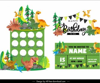 Birthday Background Templates Colorful Cute Dinosaurs Characters Decor