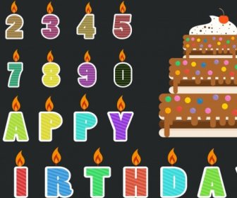 день рождения баннер цветные цифры, поздравительные слова торт значки
