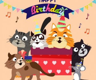 Aniversário Banner Gatos Bonitos ícones Coloridos Dos Desenhos Animados