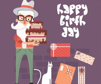 Birthday Banner Moustache Man Cake Greeting Cards Icons