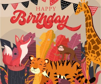 Urodziny Banner Dzikie Zwierzęta Znaki Kolorowe Klasyczne