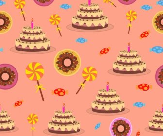 誕生日ケーキお菓子のカラフルな繰り返しアイコンを背景します。