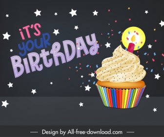 생일 카드 배경 어두운 다채로운 별 컵 케이크 장식