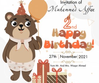 Birthday Card Bear Balloon Stylized Cartoon Banner