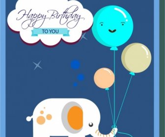 Birthday Card Cover Template Cartoon Elephant Balloons Decoration