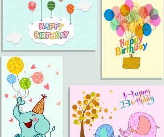 Carte D'anniversaire Des éléphants Sur Ballons Icônes Decor