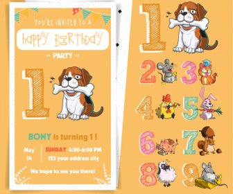 誕生日カード デザイン要素古典的な数字動物スケッチします。
