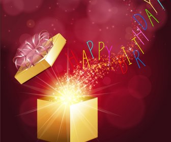 Design De Cartão De Aniversário Com Caixa De Presente Mágico De Cintilantes