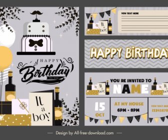 Birthday Card Template Elegant Dark Flat Decorative Elements