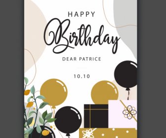 Birthday Card Template Flat Ballons Gift Box Sketch