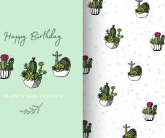 Templat Kartu Ulang Tahun Mengulangi Dekorasi Pot Kaktus