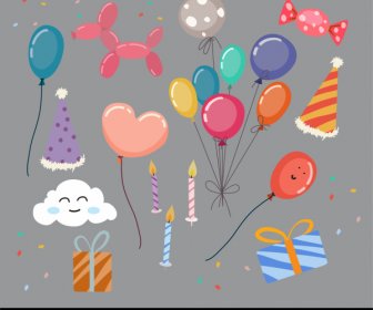 Birthday Decor Elements Balloon Present Cloud Candle Sketch