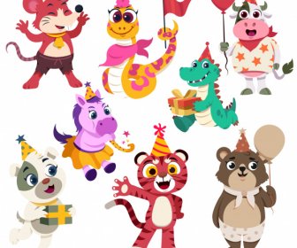 Iconos De Decoración De Cumpleaños Lindos Animales Estilizados Personajes De Dibujos Animados
