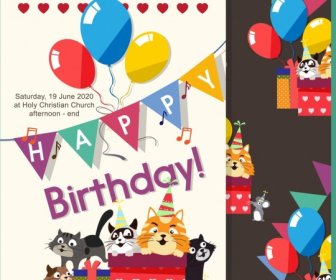 Birthday Invitation Banner Cute Colorful Cat Balloons Icons