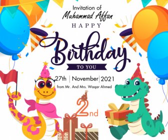 Birthday Invitation Card Snake, Crocodile Stylized Cartoon
