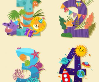 Iconos Del Número De Cumpleaños Lindo Colorido Animales Planetas Decoración