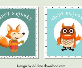 Birthday Stamp Templates Stylized Fox Owl Sketch