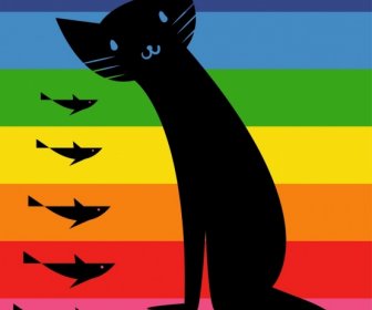 Chat Noir Dans La Conception Des Rayures Colorées Poissons Icônes