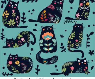 Black Cats Pattern Flat Design Floral Decor