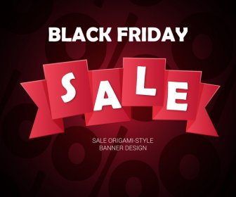 Black Friday Banner With Folded Ribbon Percent Background